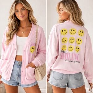 Mighty Fine smily face button up pink cardigan